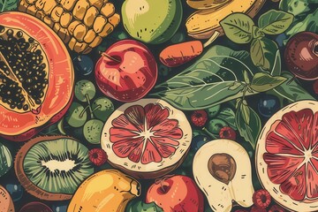 Vibrant illustration of assorted fresh fruits and vegetables in colorful detail, depicting healthy food choices and natural produce.