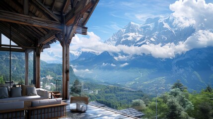 Wall Mural - Chalet Villa with Rustic Wooden Beams and Mountain Vista 