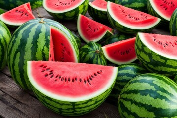 Heap of watermelon slices as background.