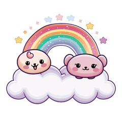 Wall Mural - Cute cartoon rainbow with clouds and smiling faces for nursery decoration clipart on transparent background