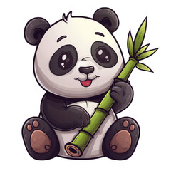 Wall Mural - Cute cartoon panda with bamboo for nursery decoration clipart on transparent background