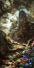 Canvas Print - Artistic rendering of a soldier's grave adorned with flowers and flags on Memorial Day.