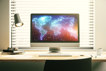 Poster - Abstract digital world map on modern computer monitor, big data and blockchain concept. 3D Rendering