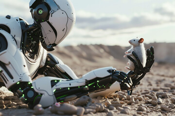 Photo of an humanoid robot with white and green color details, lying on the ground holding his hand out to help someone up, sky background, wearing black pants and boots