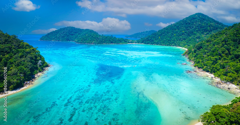 The aerial view of white sand beach tropical with seashore as the ...
