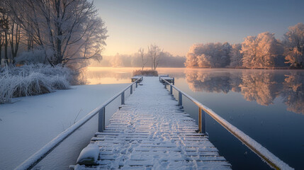 A wooden pier covered in snow leads to a tranquil frozen lake, surrounded by frosty trees at sunrise.