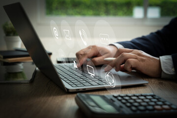 Poster - Website page contact us Businessman using a laptop CONTACT US (Customer Support Hotline people CONNECT )