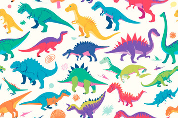 Wall Mural - A colorful seamless pattern featuring various dinosaurs in bright hues on a white background. The tile design is playful and fun, ideal for children's themes.