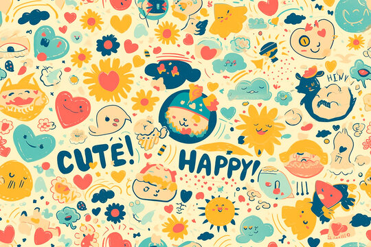 Cute and happy themed pattern with various smiling characters, hearts, and whimsical elements in soft pastel colors.