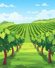 A cute cartoon Style ofA picturesque vineyard with rows of grapevines under the sun