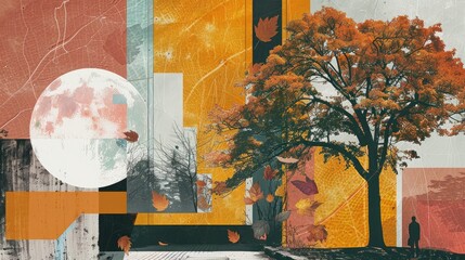 Sticker - Autumn art collage featuring minimalist modern style Urban magazine aesthetics with retro and nature themes Artwork with ad space