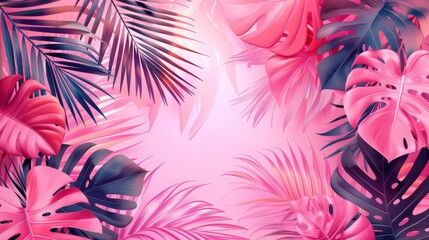 Wall Mural - Jungle green leaves isolated on pink