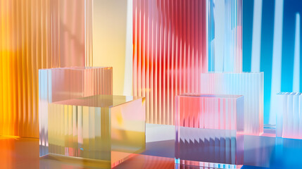 Aufkleber - Bright colourful abstract background made by transparent and ribbed acrylic glass Empty showcase for makeup and cosmetics product commercial Podium for new package demonstration and ad : Generative AI