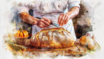 Wall Mural - A man is cutting a loaf of bread with a knife