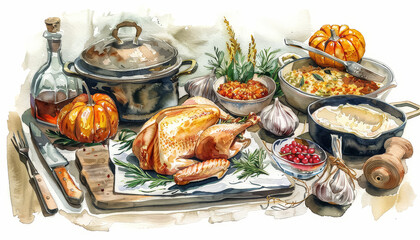 Wall Mural - A chef is preparing a turkey with a variety of vegetables on a table