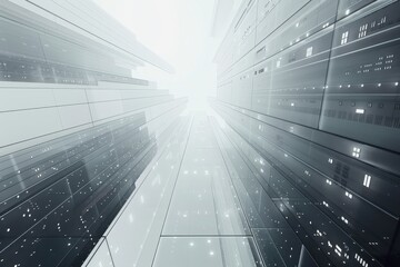 Wall Mural - Abstract futuristic digital data network and cityscape concept with bright light and tall structures.