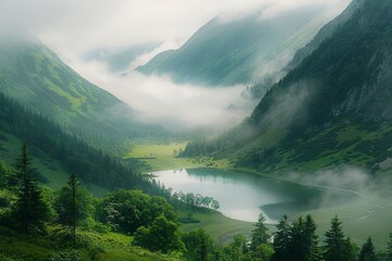 Canvas Print - Misty Mountain Lake in a Valley