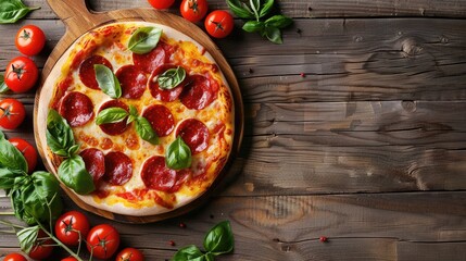 Wall Mural - Fresh pepperoni pizza with tomato basil ingredients on wooden background Top down view with copy space banner layout