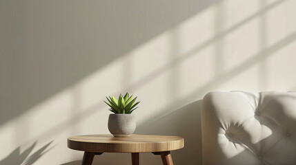 Wall Mural - small green potted plants placed on a round wooden table, Ai generated Images