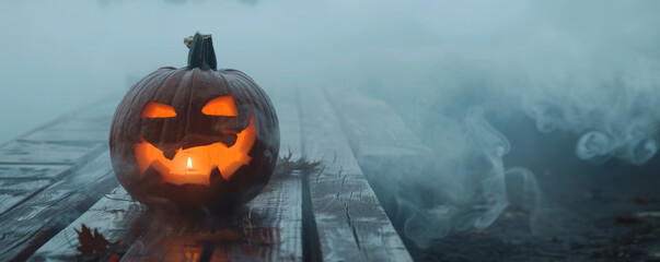 A scary Halloween pumpkin with an evil face and eyes on a wooden dock against the backdrop of fog, smoke and a creepy lake. Halloween background.