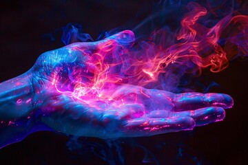 Wall Mural - Glowing magic energy effect is held in a cupped hand, surrounded by colorful billowing smoke