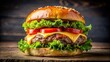 © Nasnunt - Close-up of a juicy beef burger with melted cheese, crispy lettuce, and ripe tomatoes, burger, beef, cheese