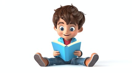 Sticker - A 3D cartoon boy with brown hair, wearing blue jeans and a blue sweater, is sitting on the floor, reading a book.