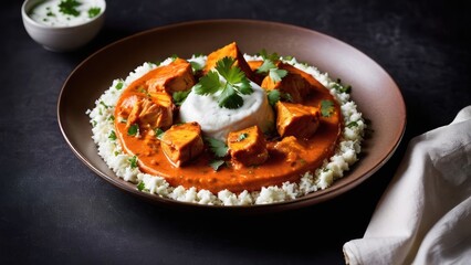 Wall Mural - Elegant Indian Chicken Curry Over Brown Rice ? A Harmonious Fusion of Flavors