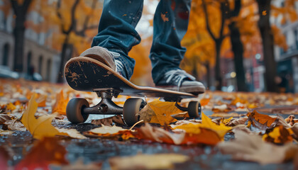 Wall Mural - A skateboarder is standing on a skateboard in the middle of a leaf-covered sidew