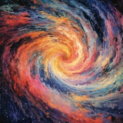 Wall Mural - Artistic galaxy spiral painting in vibrant colors. A vibrant colorful painting brushstroke of a spiral galaxy surrounded with glowing white stars in dark galaxy. Space and astronomy concept. AIG35.