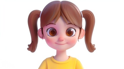 Canvas Print - A 3D cartoon girl with brown hair in pigtails, wearing a yellow shirt.