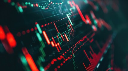 Poster - close-up of a stock market graph on a computer screen, with red and green candlesticks indicating market fluctuations