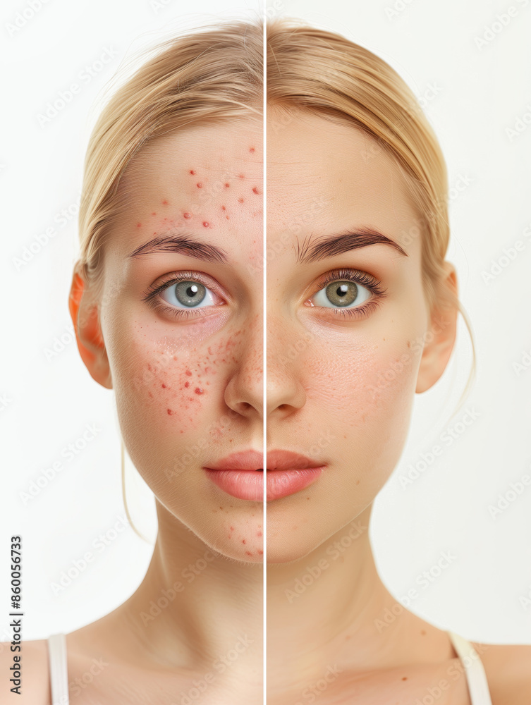 Pimples and acne on the woman`s face before and after. Cosmetics to ...