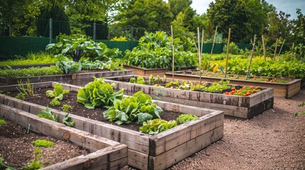 community garden with raised beds and organic vegetables, illustrating local food sustainability