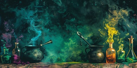 Wall Mural - witch's brew border with cauldron and potion bottles