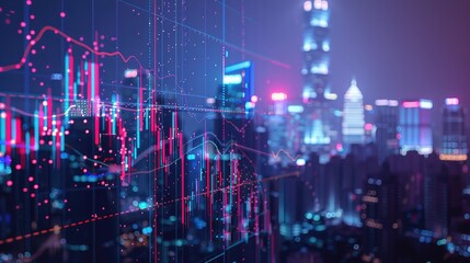 Wall Mural - digital stock market graph showing a sharp increase, with a city skyline in the background, highlighting economic growth