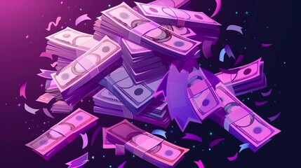 Canvas Print - A cartoon illustration of stacks of money on a purple background.