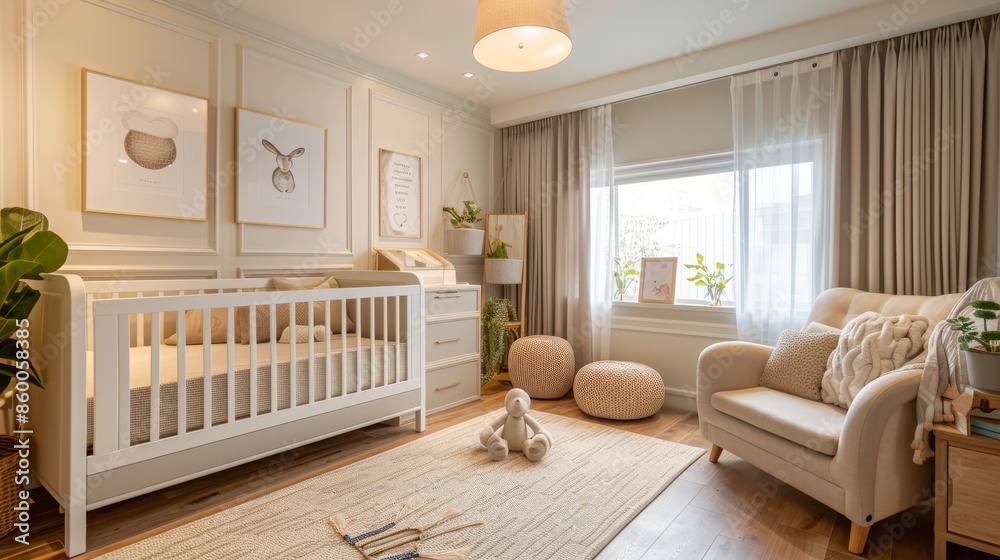 A serene and stylish nursery with soft pastel colors and modern ...