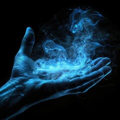 Poster - A person's hand holding a glowing ball of blue smoke