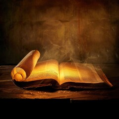 Poster - A single open book lying flat on top of a wooden table, great for educational or office settings