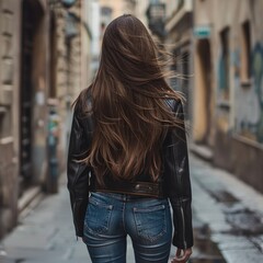 Wall Mural - A woman with long hair walking down a street, possible for use in travel or fashion context