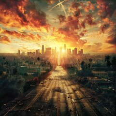 Poster - A beautiful sunset over a city skyline with buildings and streets in the foreground