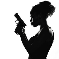 Wall Mural - A close-up shot of a woman holding a gun, taken in a black and white format