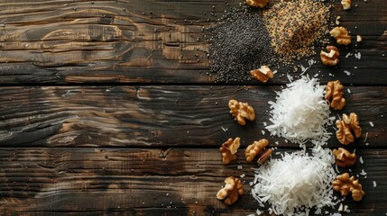 Wall Mural - Coconut shavings poppy seeds and walnuts on wooden surface for vegetarian baking Top view with empty space