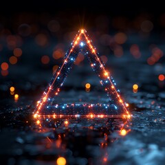 Poster - glowing neon triangle with lights on a reflective surface, creating a futuristic and vibrant ambianc
