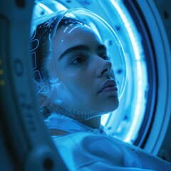 Poster - A woman sits in a room lit by a bright blue glow, ideal for use in sci-fi or futuristic concepts