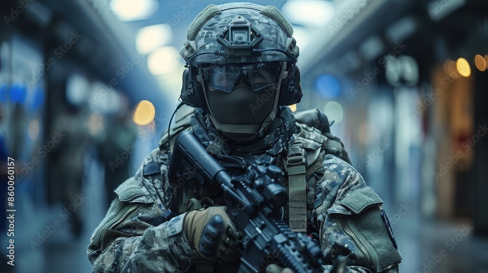 Strong image of a soldier in full tactical gear, holding a rifle while ...