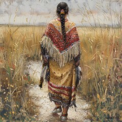 Aufkleber - A woman walks alone in a lush green field, surrounded by nature