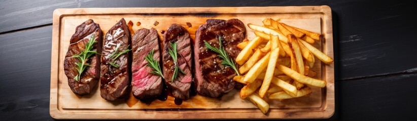 Wall Mural - Steak and French fries on a wooden board. An advertising banner.