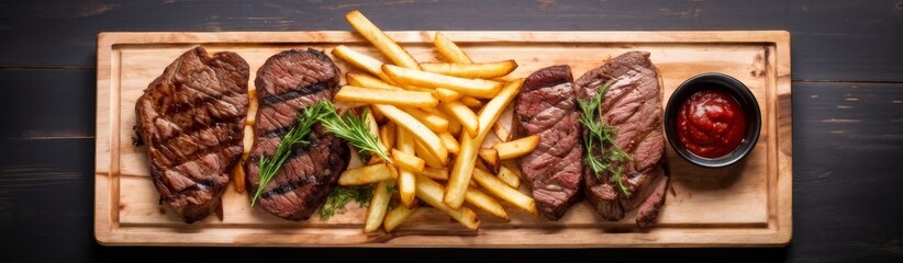 Wall Mural - Steak and French fries on a wooden board. An advertising banner.